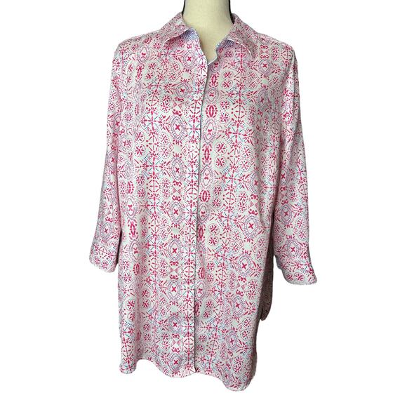 Foxcroft Tunic Blouse in Reddish Pink and Blue Floral Print Size 16W - Picture 1 of 5